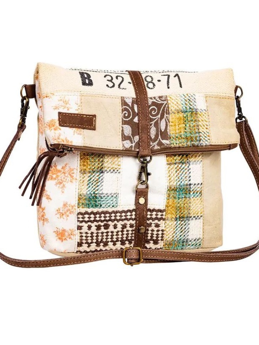 Myra Pan American Canvas Patchwork Crossbody Bag in Cream and Brown